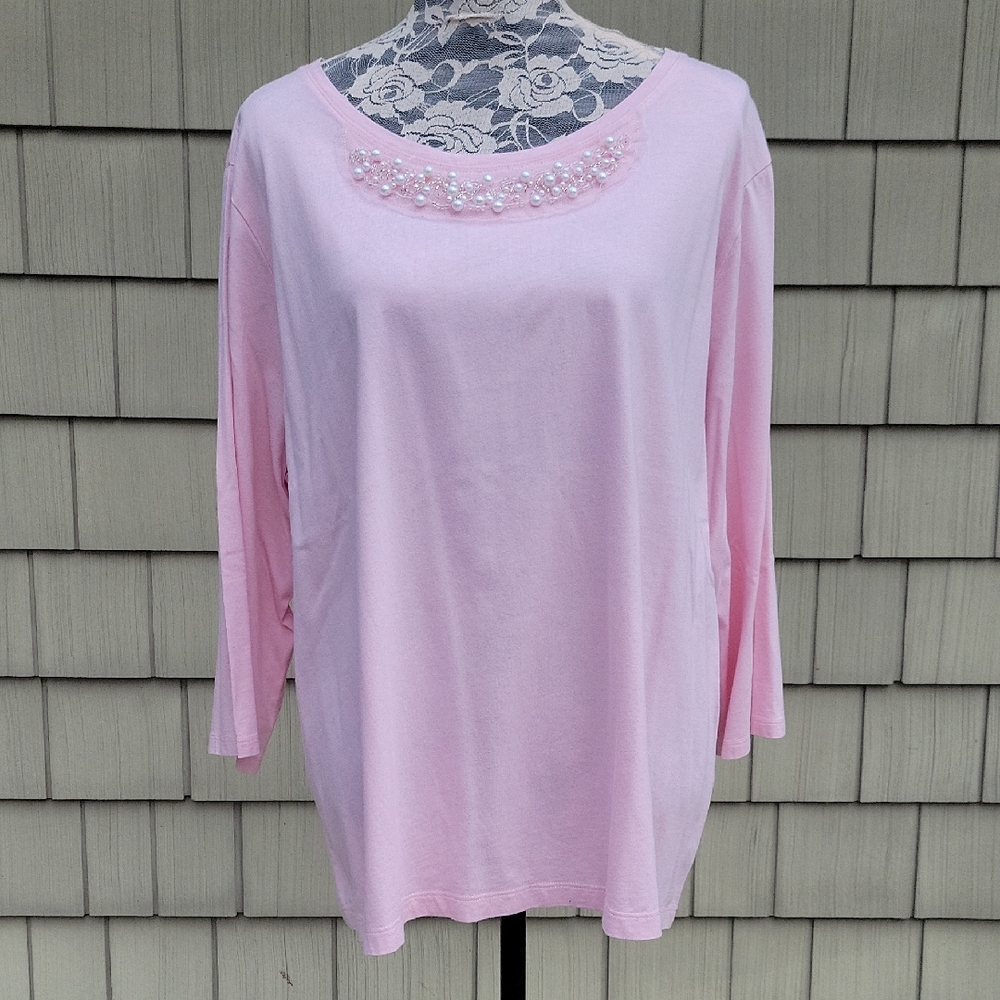 Long Sleeve Top with Faux Pearl Bead Trim